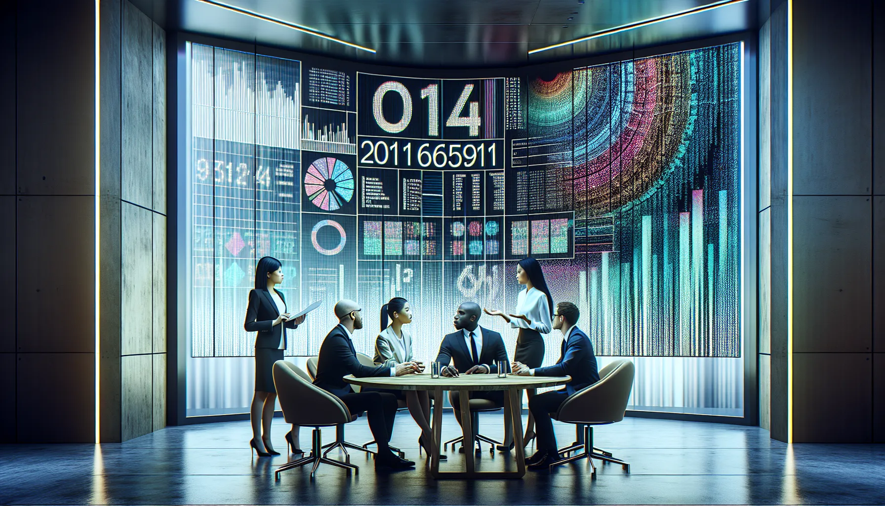 diverse team analyzing data in a modern office.